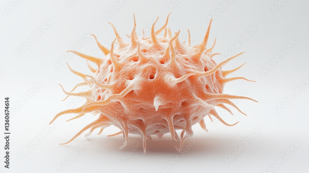 Poster a three dimensional microscopic render shows a spiky cell structure