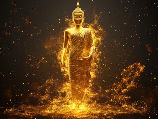 Naklejka premium Golden Buddha Statue in Flames Spiritual Enlightenment Artwork