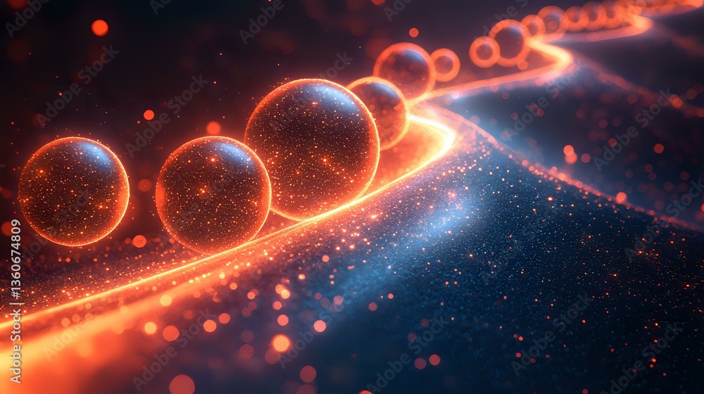 Poster glowing orange spheres with sparkles aligned on luminous path against dark cosmic background with fl