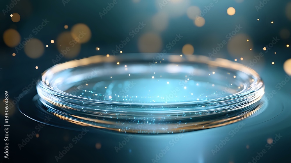 Poster glowing circular platform with magical sparkles and bokeh lights on dark blue background creates mys