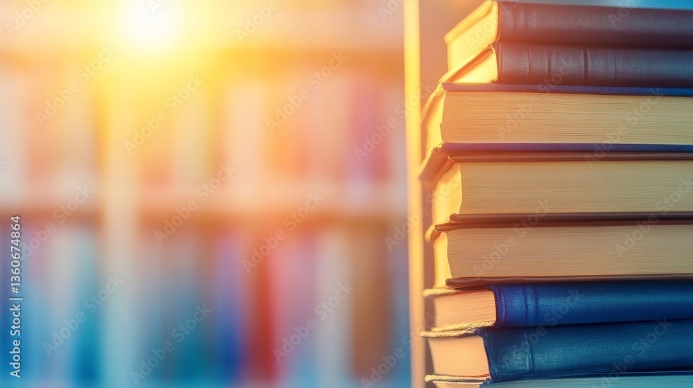 Aufkleber stack of colorful books in a library with sunlight filtering through, creating a warm atmosphere