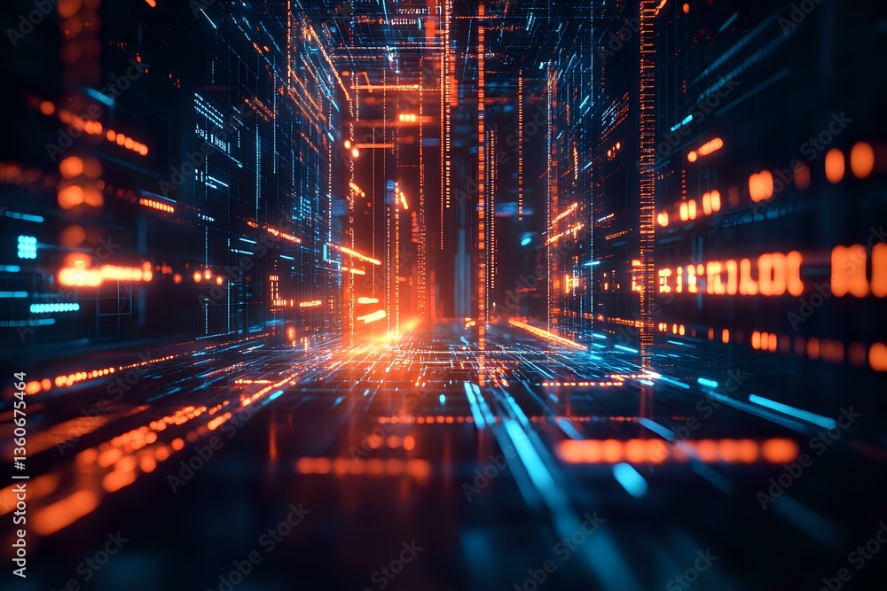 Poster abstract digital technology background with glowing orange and blue light trails creating futuristic