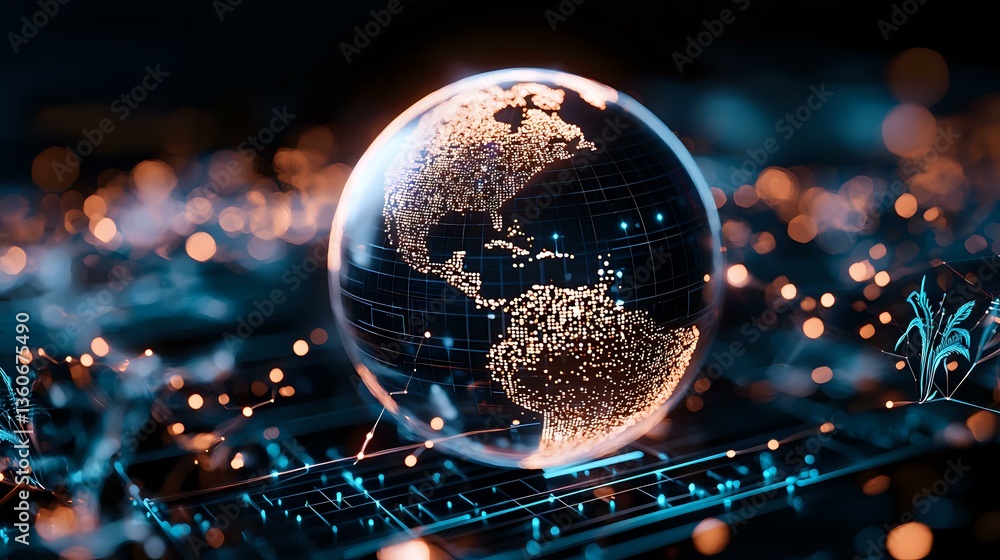 Aufkleber crystal globe showing illuminated americas continents on laptop keyboard with bokeh lights backgroun