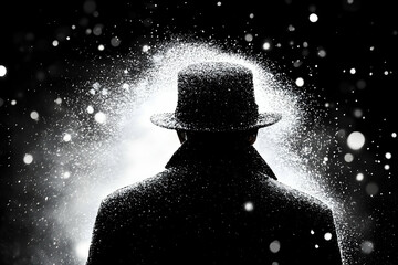 Snowfall, man in hat, winter, dark background