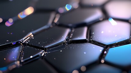 Futuristic hexagonal structure with blue glowing edges and bokeh effects on dark background, representing nanotechnology and molecular connections.