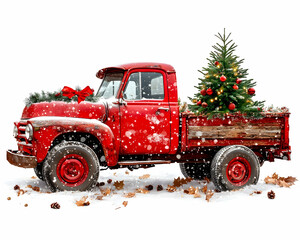 Snowy Christmas tree on vintage red truck