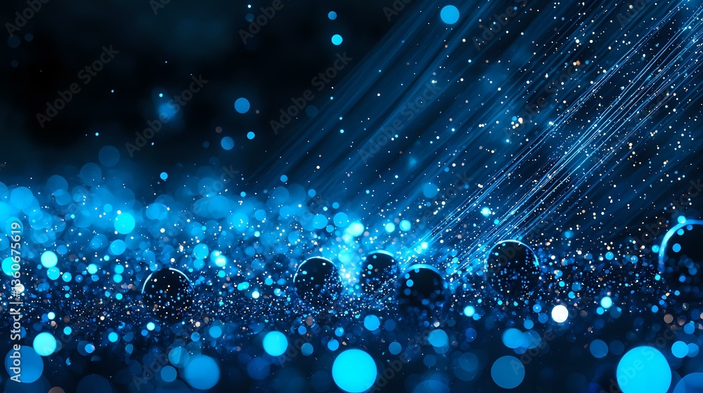 Aufkleber glowing blue bokeh lights and sparkles on dark background with diagonal light rays creating magical 