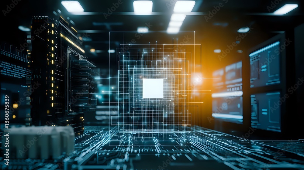 Poster futuristic server room with glowing circuit paths and data streams in blue and orange light, showing