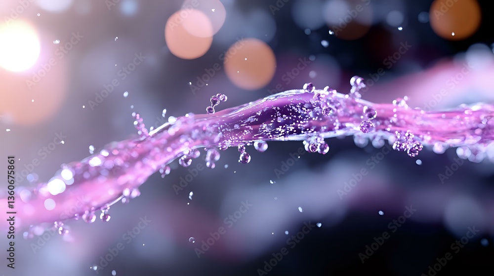 Poster magical pink water splash with floating droplets and bokeh lights creating dynamic motion against da