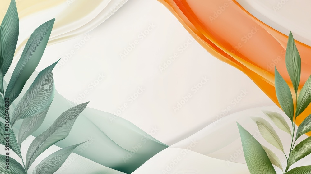 Poster abstract design featuring flowing waves and leaves in soft color, creating a serene backdrop