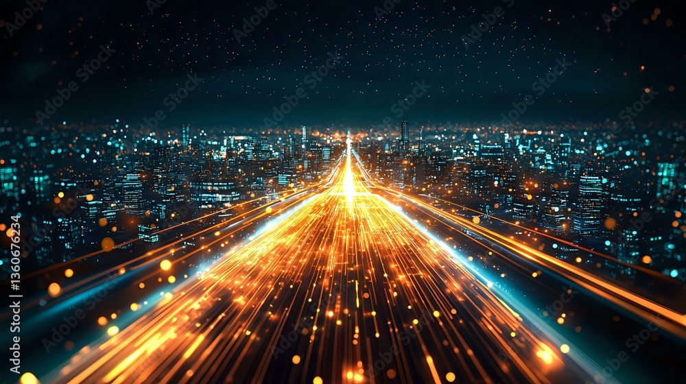 Poster futuristic city highway with light trails and glowing streaks creating dynamic motion effect against