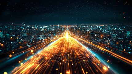 Fototapeta premium Futuristic city highway with light trails and glowing streaks creating dynamic motion effect against urban skyline at night. Modern cityscape with illuminated buildings.