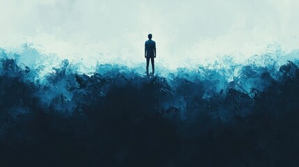 Obraz premium Solitary figure atop a mountain range, surreal landscape, contemplation