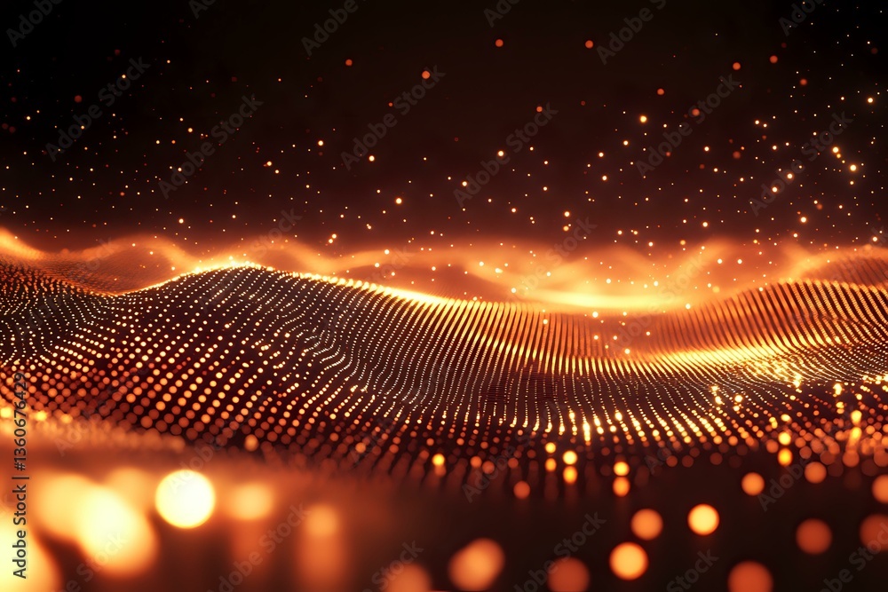Poster abstract digital landscape with glowing golden particles forming undulating waves against dark backg