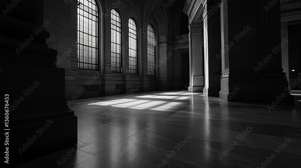 Poster interior view of a building with large windows and columns in black and white photography style