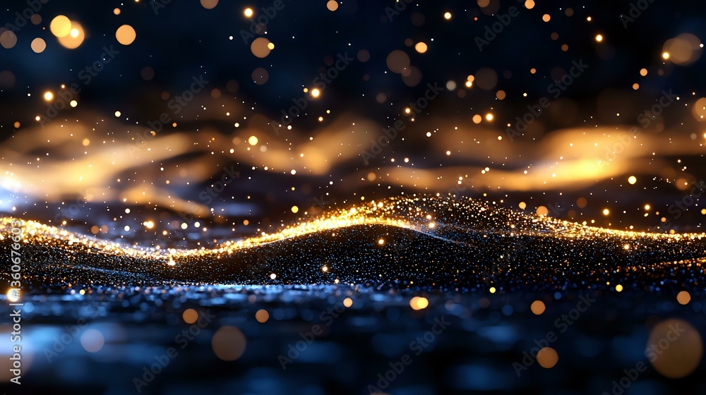 Poster magical golden waves of glowing particles flow on dark background with bokeh lights and sparkles, cr