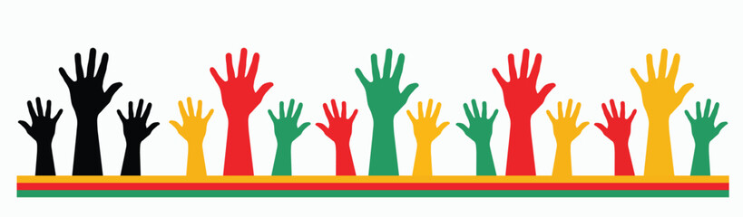 Pan-African Raised Hands Vector – Red, Yellow, Green, Black | Diversity, Unity & Freedom Illustration