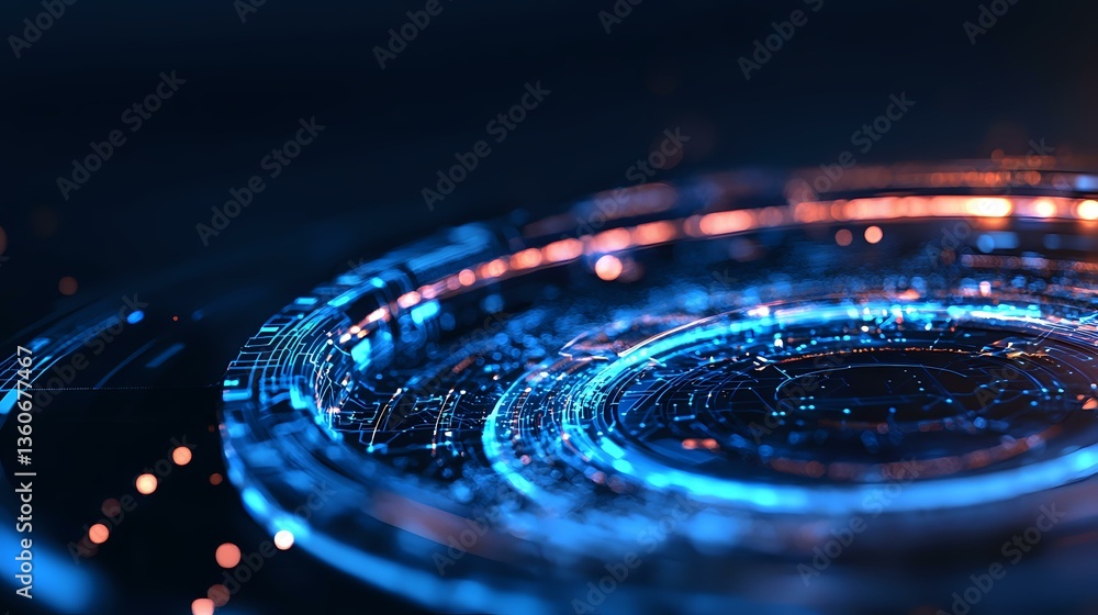 Poster futuristic circular technology pattern with glowing blue and orange lights creating dynamic motion t