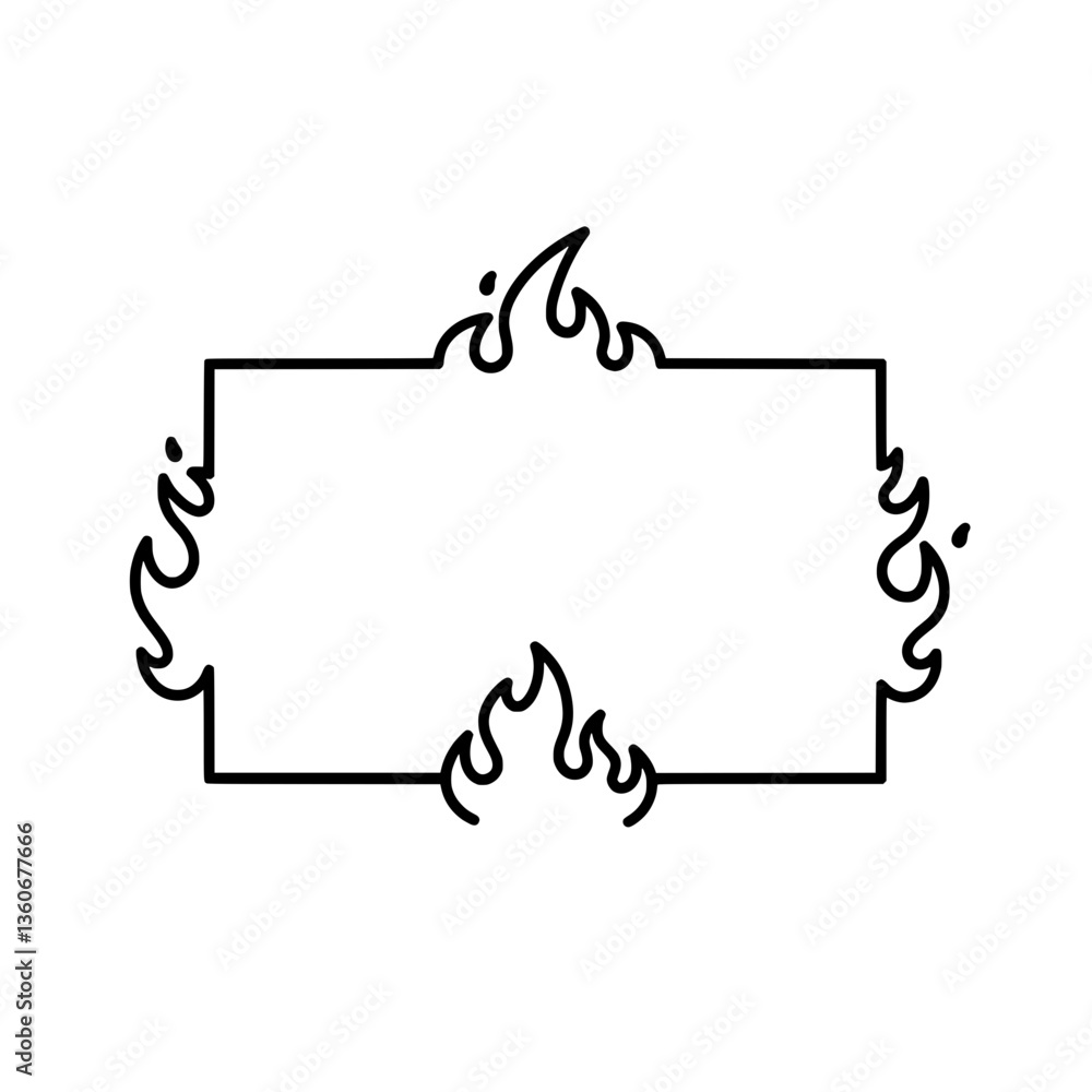 Poster fiery frame: a minimalist line drawing of a rectangular frame engulfed in flames. striking visuals, 