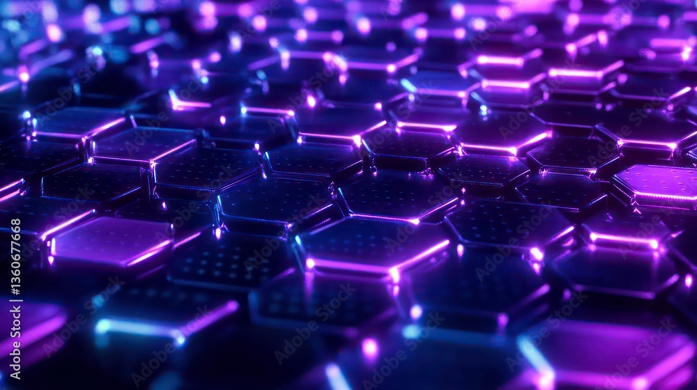 Poster abstract hexagonal pattern glowing in vibrant purple and blue. possible use for technology backgroun
