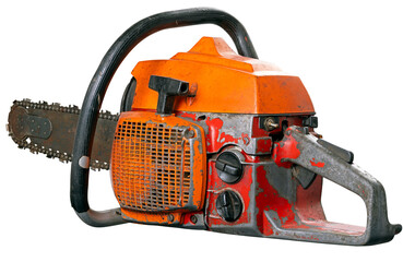 Fototapeta premium An old chainsaw on an isolated background shown from the handle side.