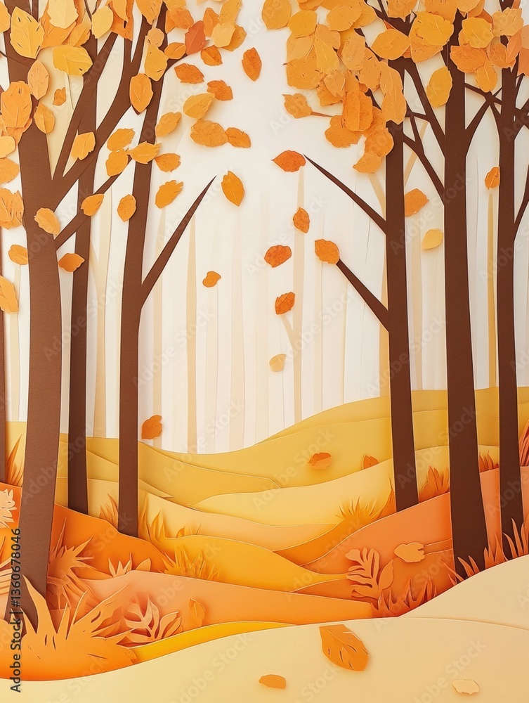 Poster layered paper cut autumn forest with golden leaves creating a cozy atmosphere of orange and brown to