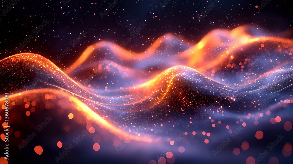 Poster glowing orange and blue waves of light with sparkles flow through starry space creating magical ethe