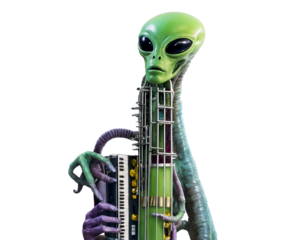 Extraterrestrial Musician, A Green Alien's Serenade with a Unique Accordion Instrument from Another World, Evoking a Sense of Cosmic Harmony and Musical Innovation