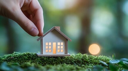 Miniature glowing house model placed on green moss with bokeh forest background and warm sunset light creating magical atmosphere for real estate concept.