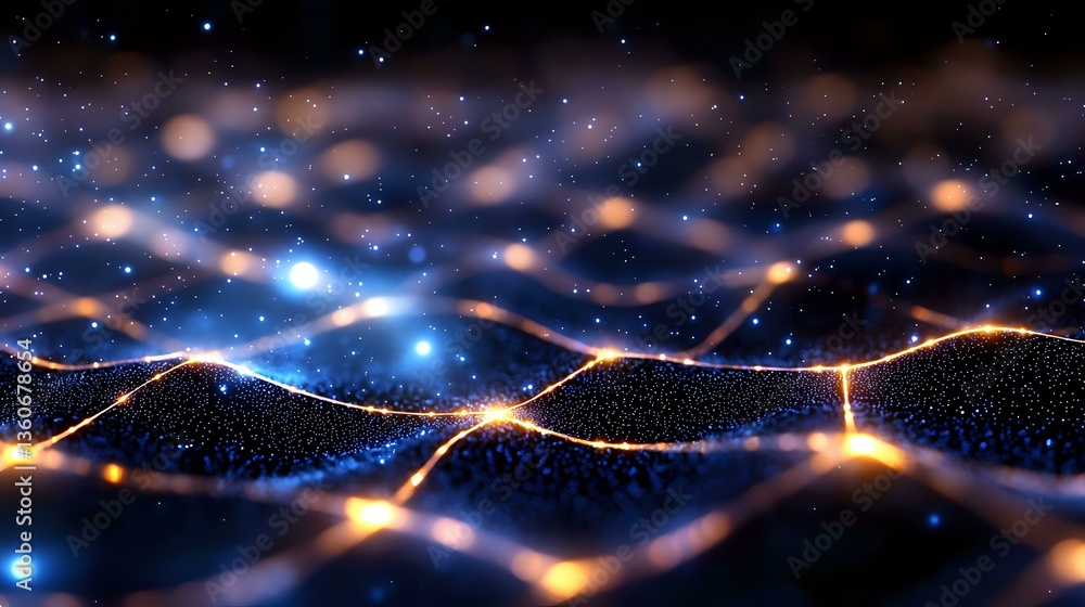 Poster abstract network of glowing orange and blue light waves flowing across dark background with sparkle 
