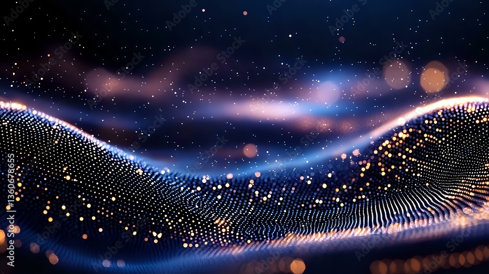 Poster glowing digital wave of connected dots forming dynamic network pattern against dark starry backgroun