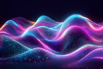 Obraz premium Abstract glowing waves with sparkling particles in neon blue and purple colors against dark background create futuristic digital landscape effect.