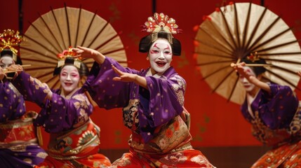 Traditional Performance with Elegance and Grace Dancers in Vibrant Costumes with Fans and Orna