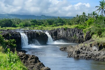 Fototapeta premium bold waterfall in tropics cascades with raw natural grace 