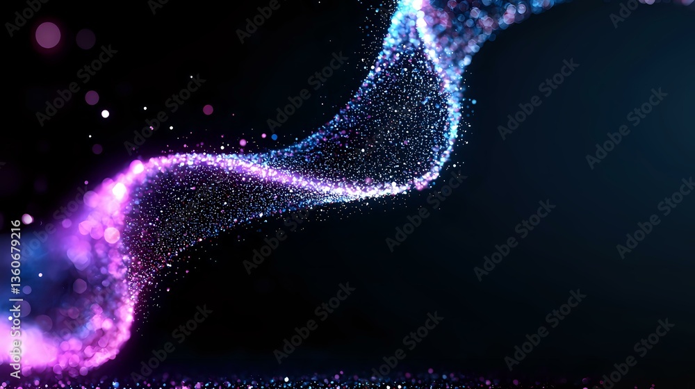Poster glowing particle wave with purple and blue light effects on dark background, flowing dynamic motion 