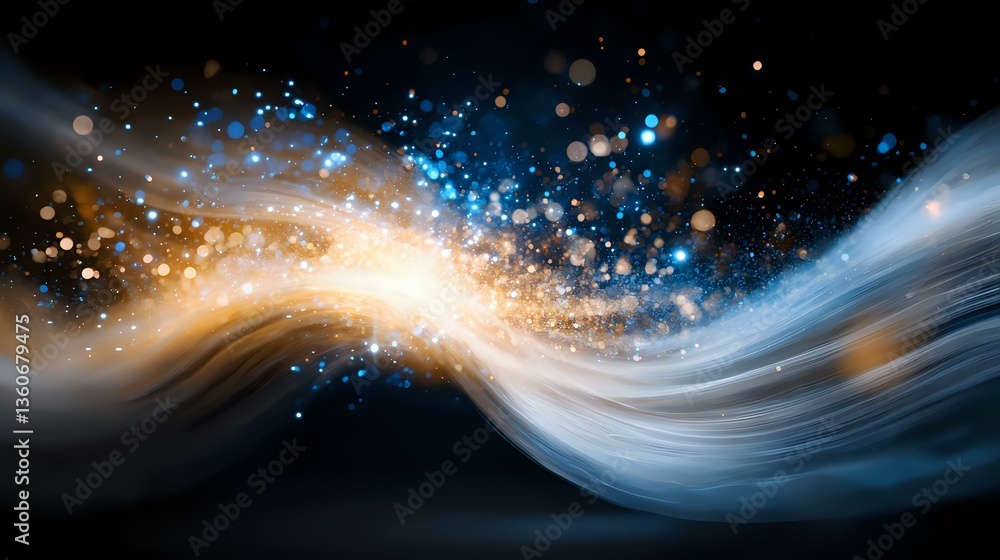 Poster magical wave of glowing particles flowing in dark space, abstract light trail with golden and blue s