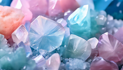 Salt crystals minerals. Vivid background, pastel colors
