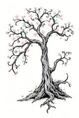 A detailed illustration of a tree with flowers and foliage present