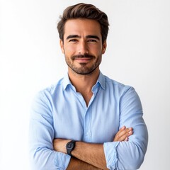 Confident Smiling Businessman with Crossed Arms Wearing Blue Shirt and Watch