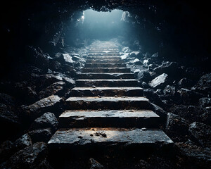 Stone stairs ascending towards light in dark cave