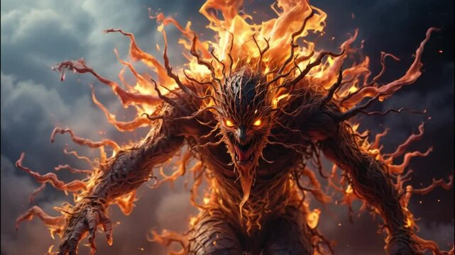 A terrifying demon covered in flames. The devil from a dark horror.