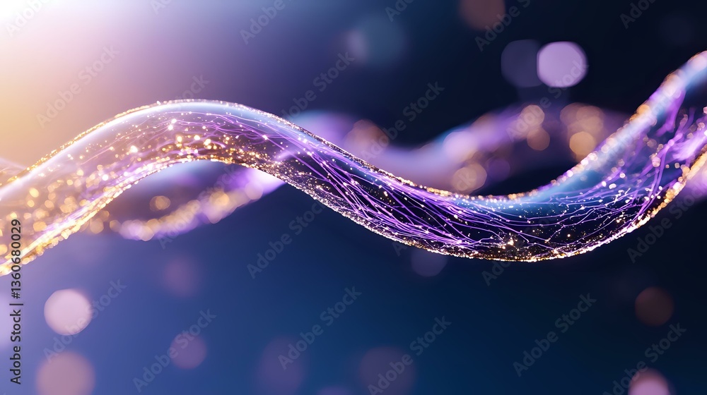 Poster glowing wavy line with sparkles and particles flowing on dark purple background with bokeh lights cr