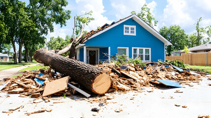 Storm Damage Tree Falls on House, Suburban Street