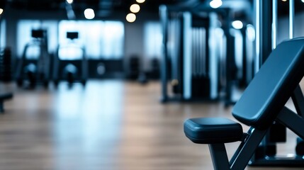 Modern gym interior with exercise equipment, bright lighting, and wooden flooring, ideal for fitness