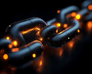 An illuminated metallic chain representing a technological network connection