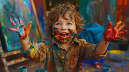 Toddler joyfully playing with vibrant paint and expressing creativity outdoors on a sunny day