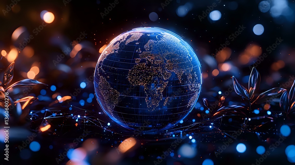 Poster glowing globe with illuminated city lights against dark background with bokeh effects and floating c