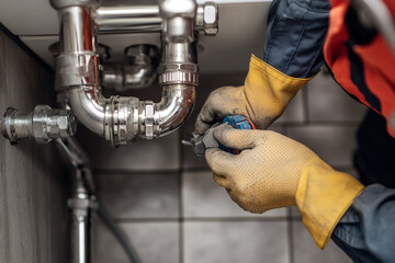 Hands-on plumbing repair in a tidy bathroom with a professional technician fixing water issues