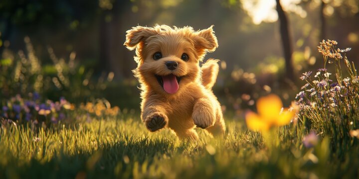 Cachorro corriendo en un campo de flores