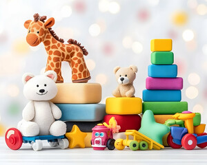 Obraz premium Stuffed Animals Stack on Blocks, Toys in Home with Bokeh Lights Background